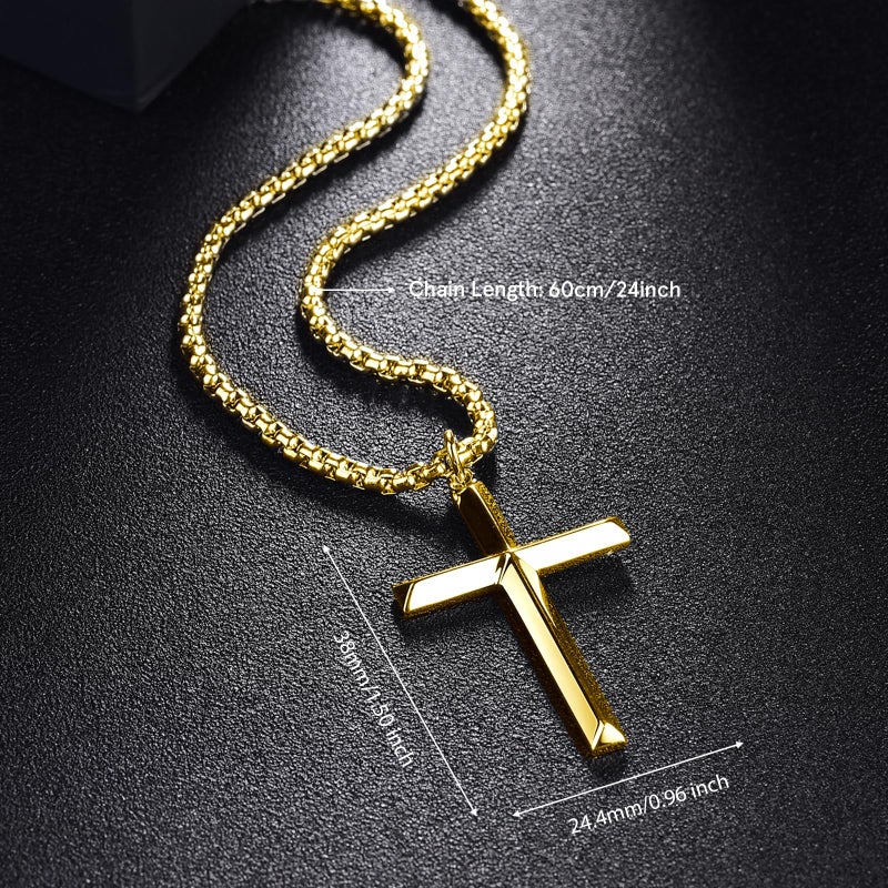 FANCIME Cross Necklace for Men Women Gold Cross Necklaces Sterling Silver Cross Pendant High Polished Large Big Beveled Edge Long Fine Jewelry Gifts For Boys,Stainless Steel Box Chain Length 24 Inch - Image 4